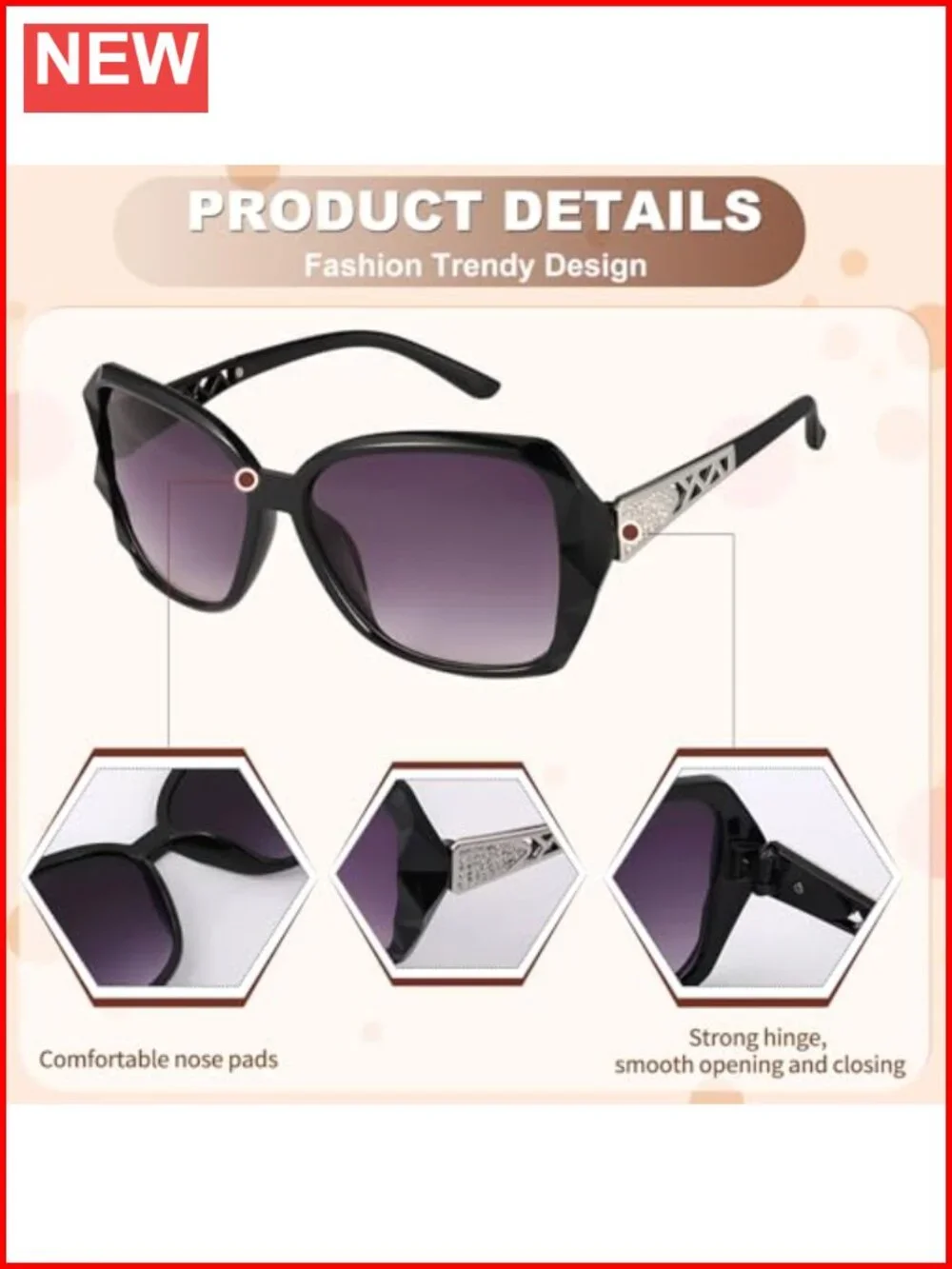 Oversized Women Sunglasses UV400 Protection 3 Pack Crystal Frame